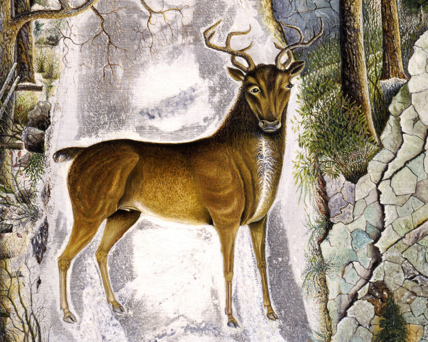 Stag at Echo rock fine art print | Deer, horse and owl painting | Vintage Americana folk art | Wild animal wall art | Primitive art