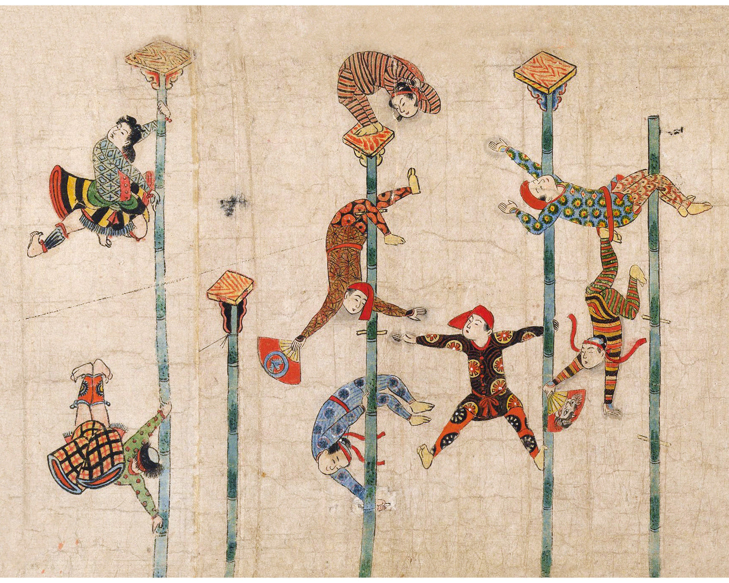 Colorful acrobats print | Spider dancing on bamboo poles | Japanese Edo hand scroll | Humorous wall art | Modern vintage décor