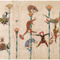 Colorful acrobats print | Spider dancing on bamboo poles | Japanese Edo hand scroll | Humorous wall art | Modern vintage décor