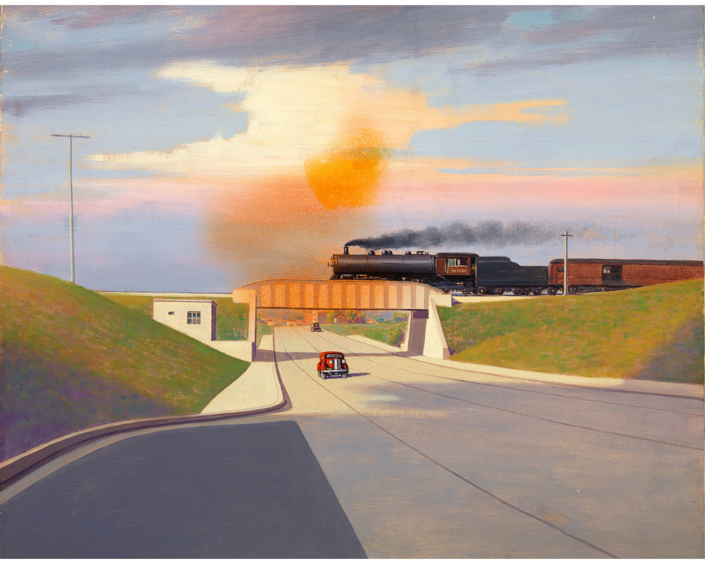 Vintage car and train print | 1930's vehicle | Automobile on road painting | Iowa highway scene | Transportation wall art | Steam locomotive