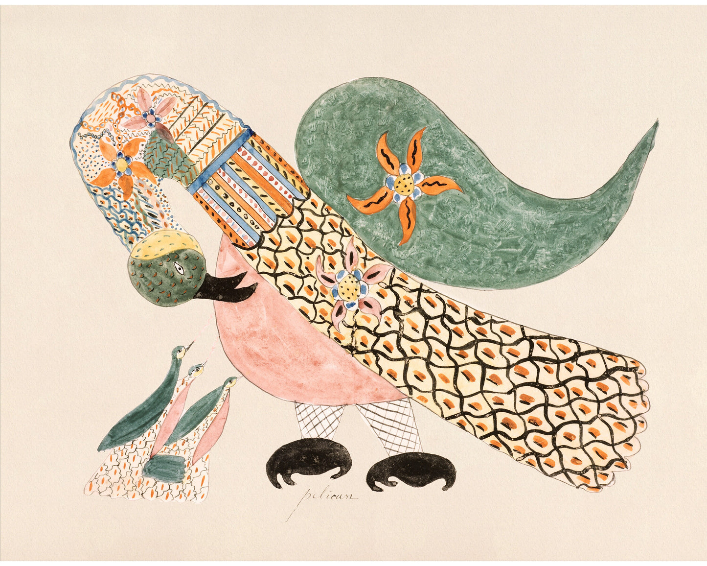 Bird folk art | Pelican with young | Mary Ann Willson | Americana wall art | Naive drawing | Female artist | Kaleidoscope pattern print