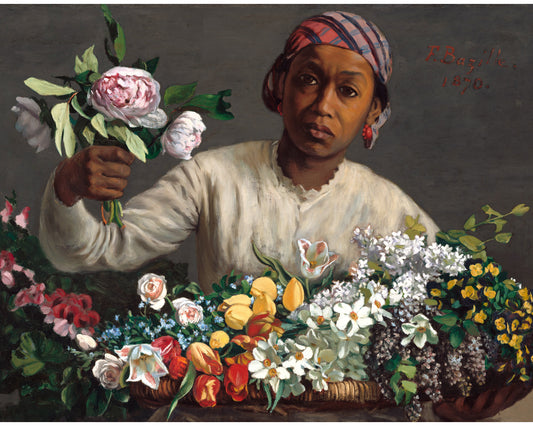 Young woman with peonies | Arranging flowers | Frederic Bazille | Potraiture wall art | 19th century art | Vintage African American subject