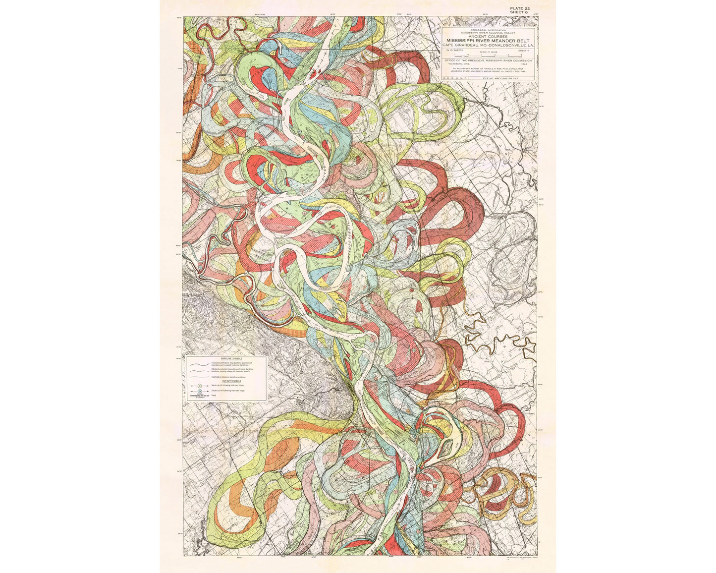 Mississippi River Meander print | Colorful geography wall art | Vintage topographical map  | Antique American cartography | Travelers art