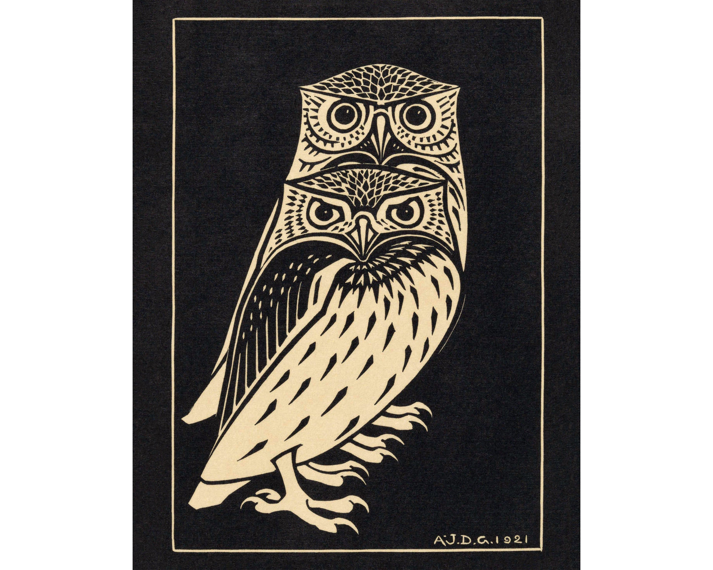 Two Owls by Julie de Graag - Vintage owl art | Female Artist | Woodcut animal wall art | Craftsman style decor | Birds artwork
