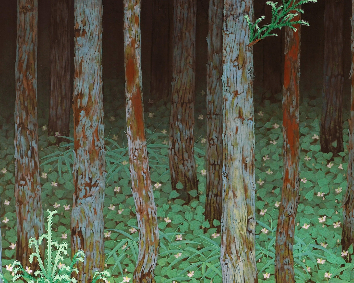 Vintage fantasy forest art print | Weasel in wild strawberries | Tree and nature wall art | Katayama Bokuyo | Asian artist