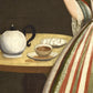 American folk art portrait | Vintage girl fixing tea with rose | Americana wall art | 18th century fashion plate | Kitchen wall art
