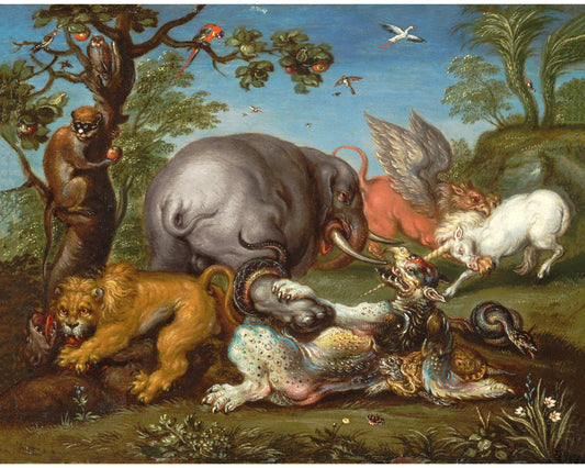 Mythical beasts art print | Elephant fighting a dragon | Unicorn, gryphon, snake. lion, owl, monkey | Magical beasts art | Roelant Savery