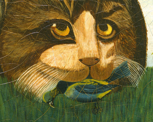 Vintage cat folk art print | Cat & birds in landscape | Americana art painting | Primitive, naive wall art | Antique animal wall decor