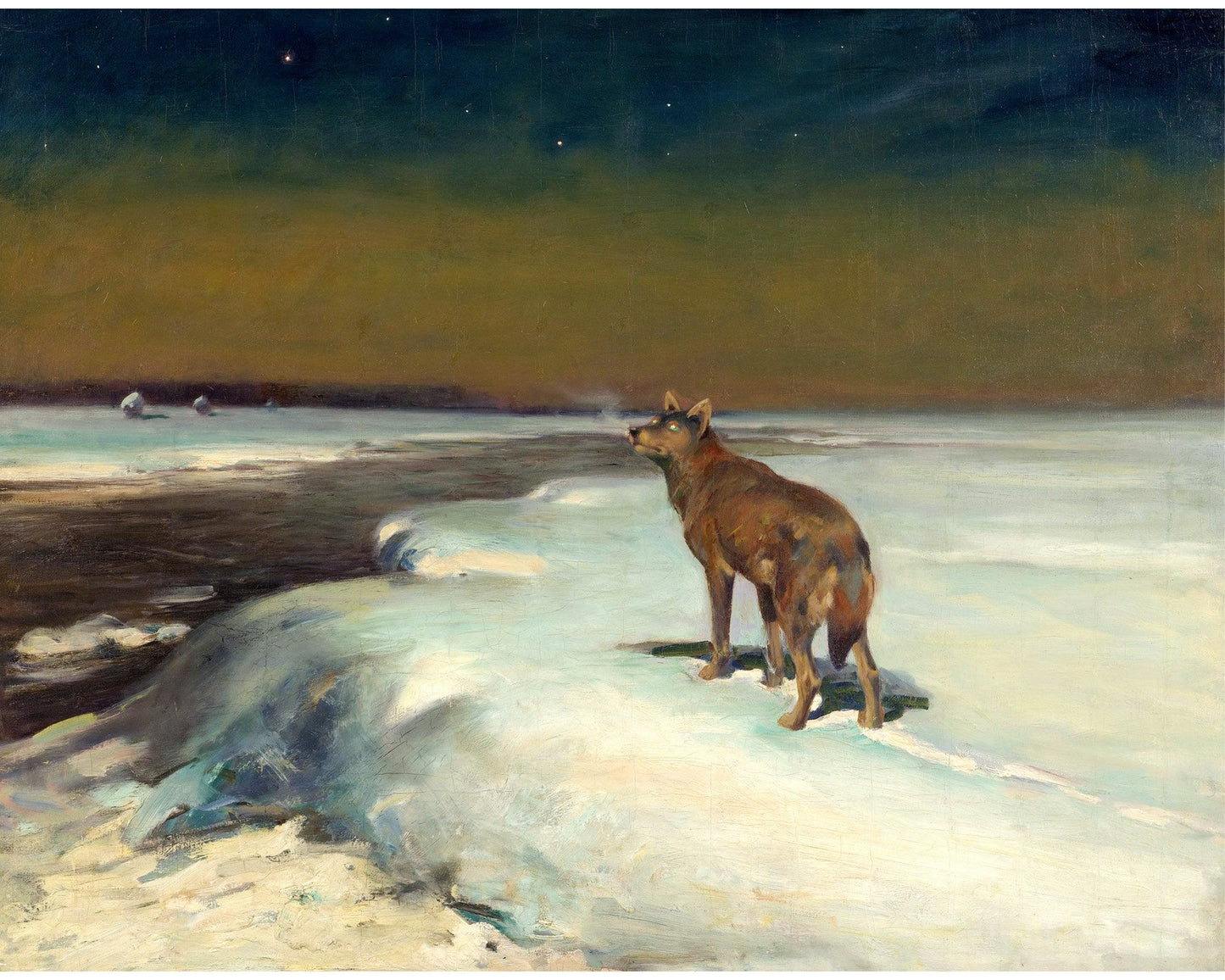 Lone wolf art print | In February | Vintage wildlife | Winter painting | Animal wall art | Alfred Wierusz Kowalski | Polish artist