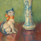 French still life | Lares et Penates |  Marigolds & Staffordshire dog | Flowers with cat, dog | Animal wall art | Art nouveau print