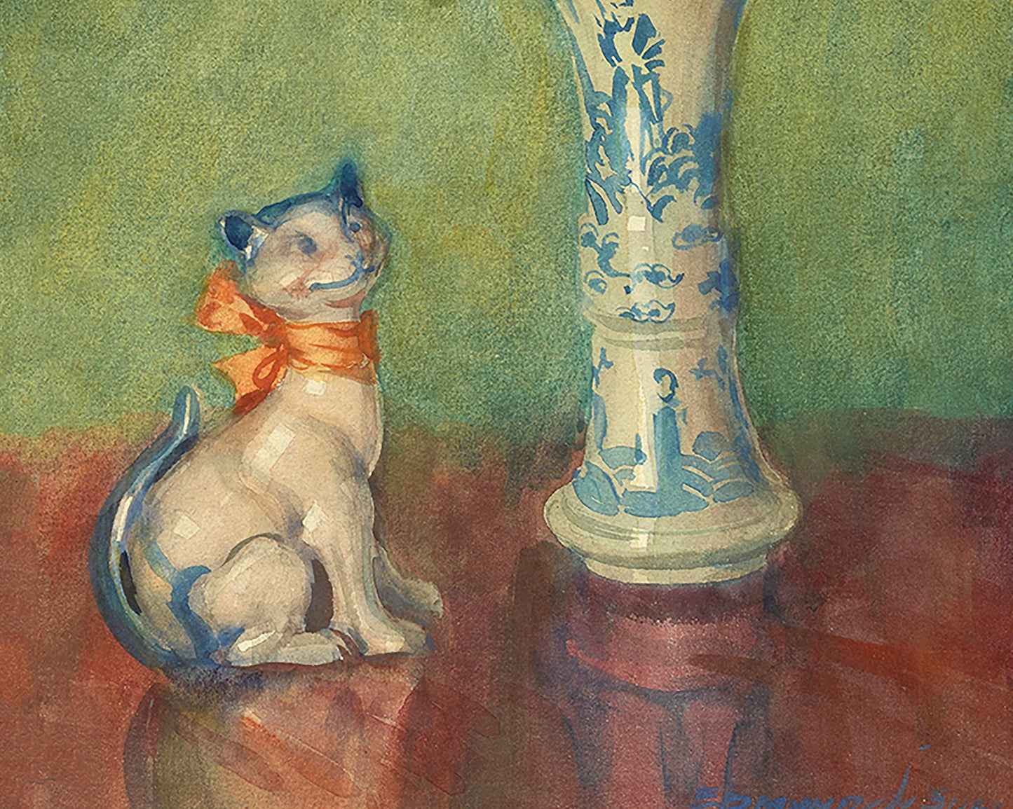 French still life | Lares et Penates |  Marigolds & Staffordshire dog | Flowers with cat, dog | Animal wall art | Art nouveau print
