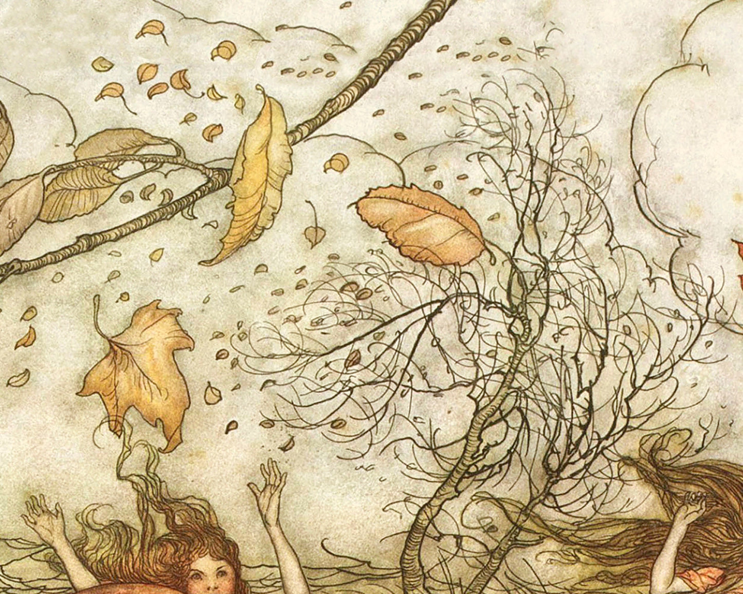 Fall fairies art print | Arthur Rackham illustration | Vintage woodland wall art | Fairytale painting | Peter Pan | Autumn wall art