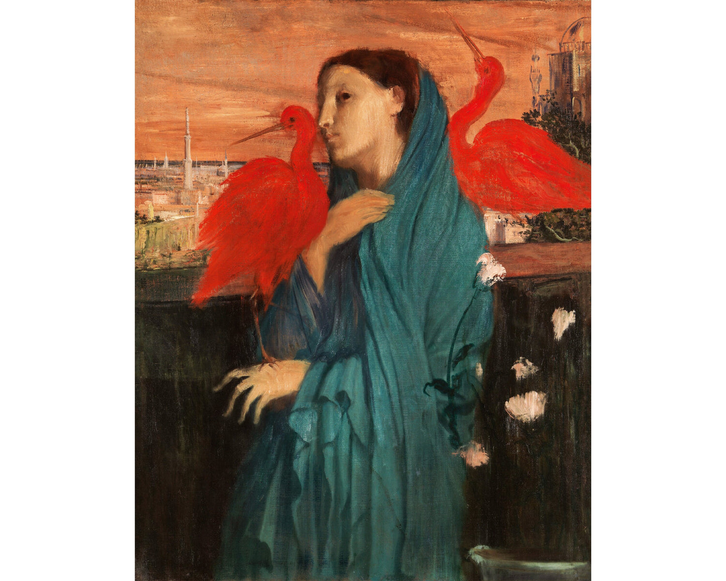 Young woman with Ibis panting | Vintage bird art | Female portrait wall art | Edgar Degas | Nature goddess | Colorful print | French artist