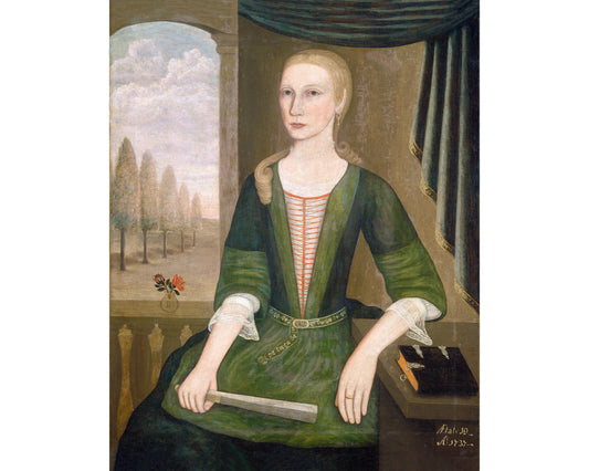 American folk art portrait | Young Lady with a Fan | Vintage woman in green dress | Americana wall art | 18th century fashion plate