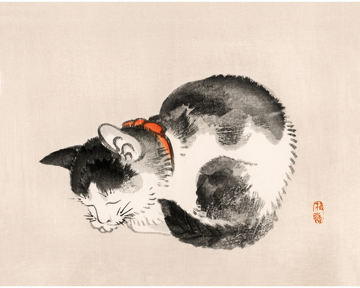 Vintage Japanese sleeping cat art print | Kōno Bairei Woodblock | Animal wall art | Modern, minimal painting | Asian animal art