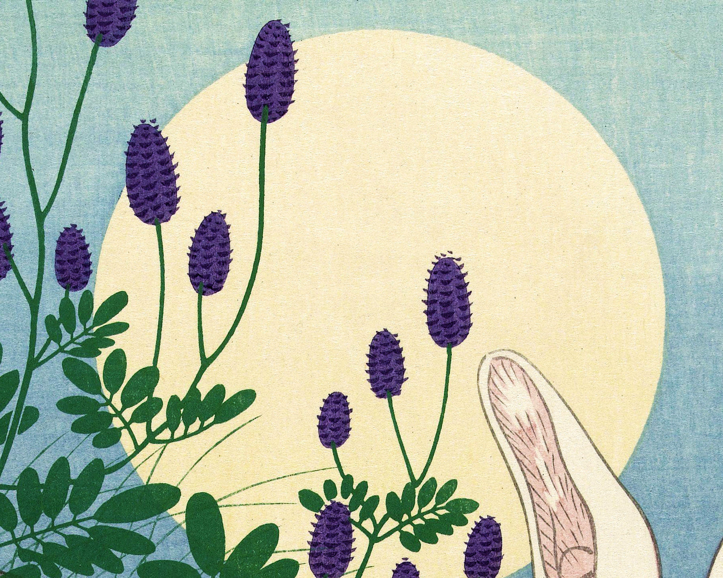 Vintage rabbit fine art | Rabbits at full moon | Color woodblock art print | Ohara Koson | Asian animal wall art | Japanese artist