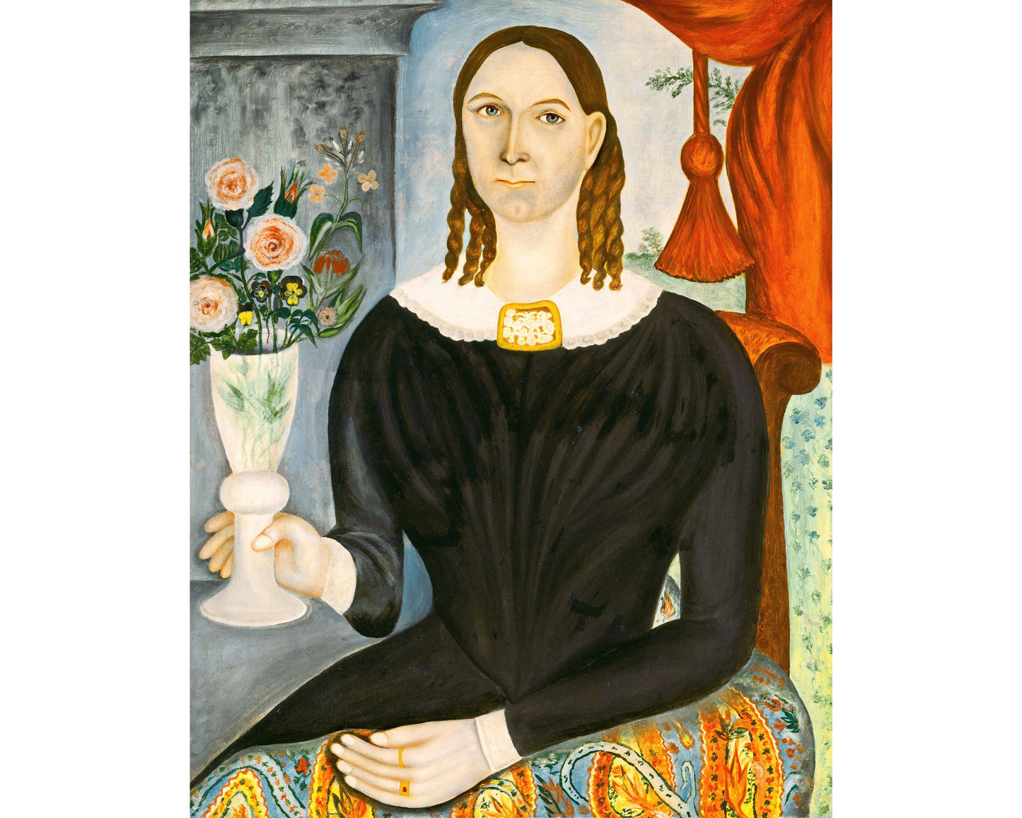 American folk art portrait | Vintage woman holding flowers | Naive painting | Americana wall art | 19th cent. fashion plate | Thomas Skynner