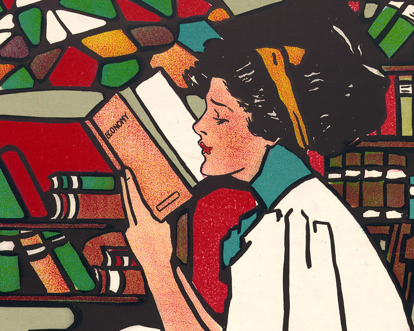 Woman reading a book | Dig | Economics, Psychology, Bugology | Sadie Wendell Mitchell | Feminist art print | Art Deco wall art | Library art