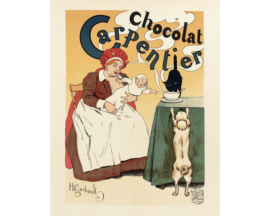 Vintage chocolate advertisement | Chocolat Carpentier | French cafe kitchen art | Coffee, tea wall art | Dog, cat, baby in art | H. Gerbault
