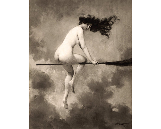 Départ pour le Sabbat - Witch on her broom | Vintage nude woman print | Albert Joseph Penot | Gothic wall art | Halloween art print | Modern vintage decor