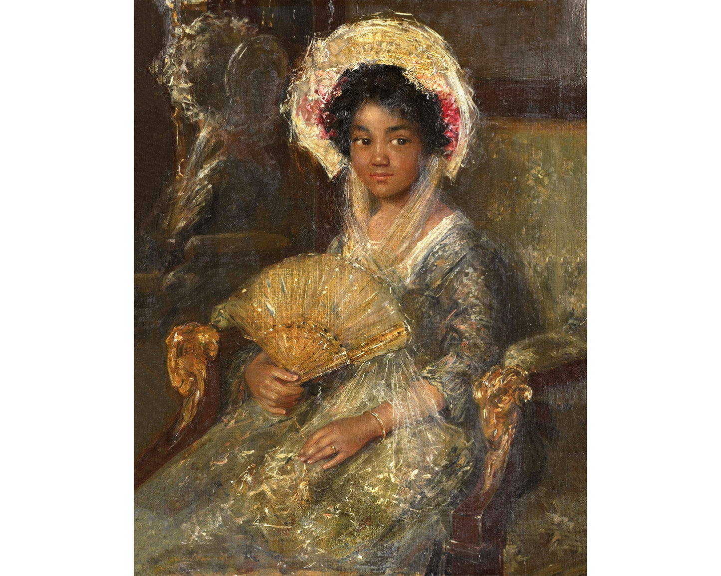 Victorian girl portrait | Young Woman with a Fan |  African American wall art | Vintage painting of a Black child | Simon Maris