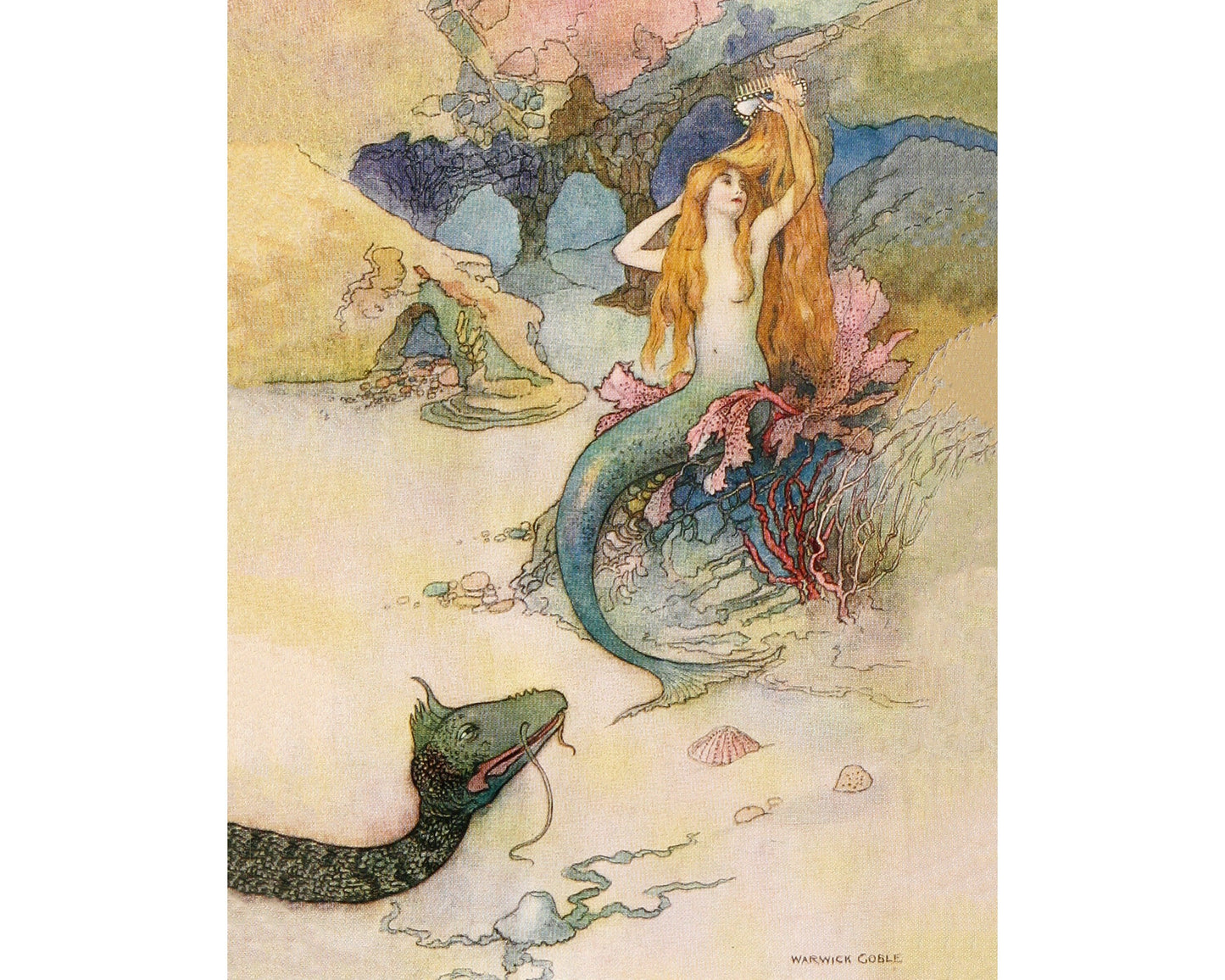 Vintage Mermaid print | Mermaid and sea serpent | Warwick Goble book illustration | Fantasy wall art | Cabin, lake, bathroom decor