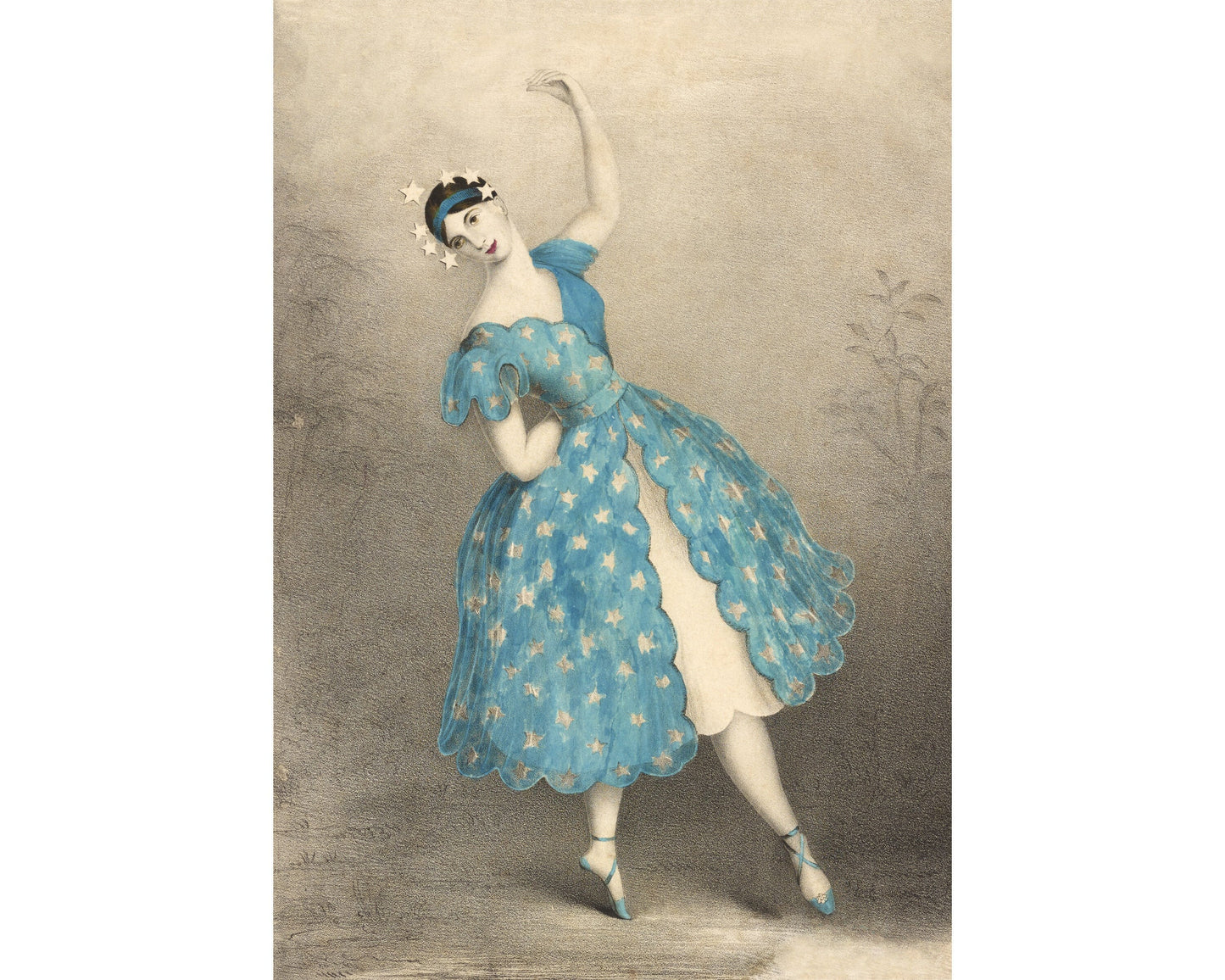 Vintage dancer art print | Crown of stars | Blue dress of stars | 19th century dance costume | Ballet fashion plate | Modern Vintage decor
