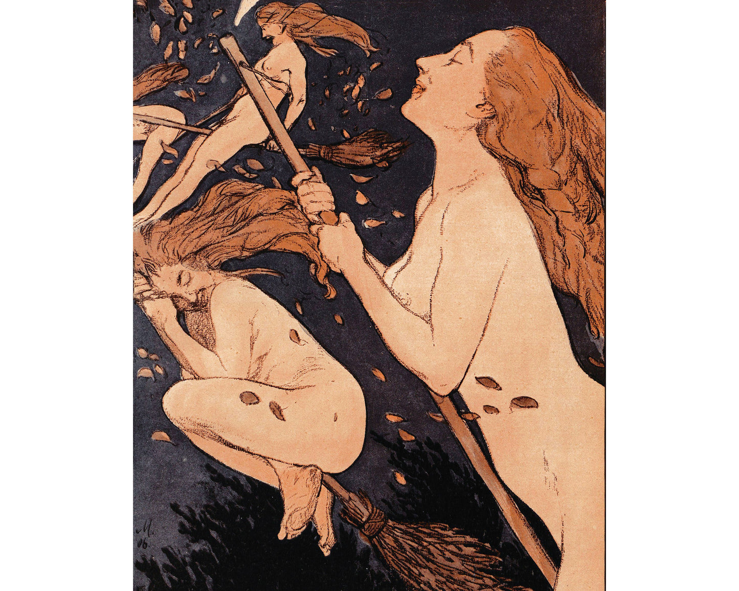 Flying witches | Vintage nude women print | Happy witch wall art | Dark art | Halloween decor | Adolf Munzer | German artist