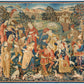 Pastoral dance art print | Shepherds in round dance | Medieval tapestry art | Pastoral scene with dog, sheep, castle | 16th century textile