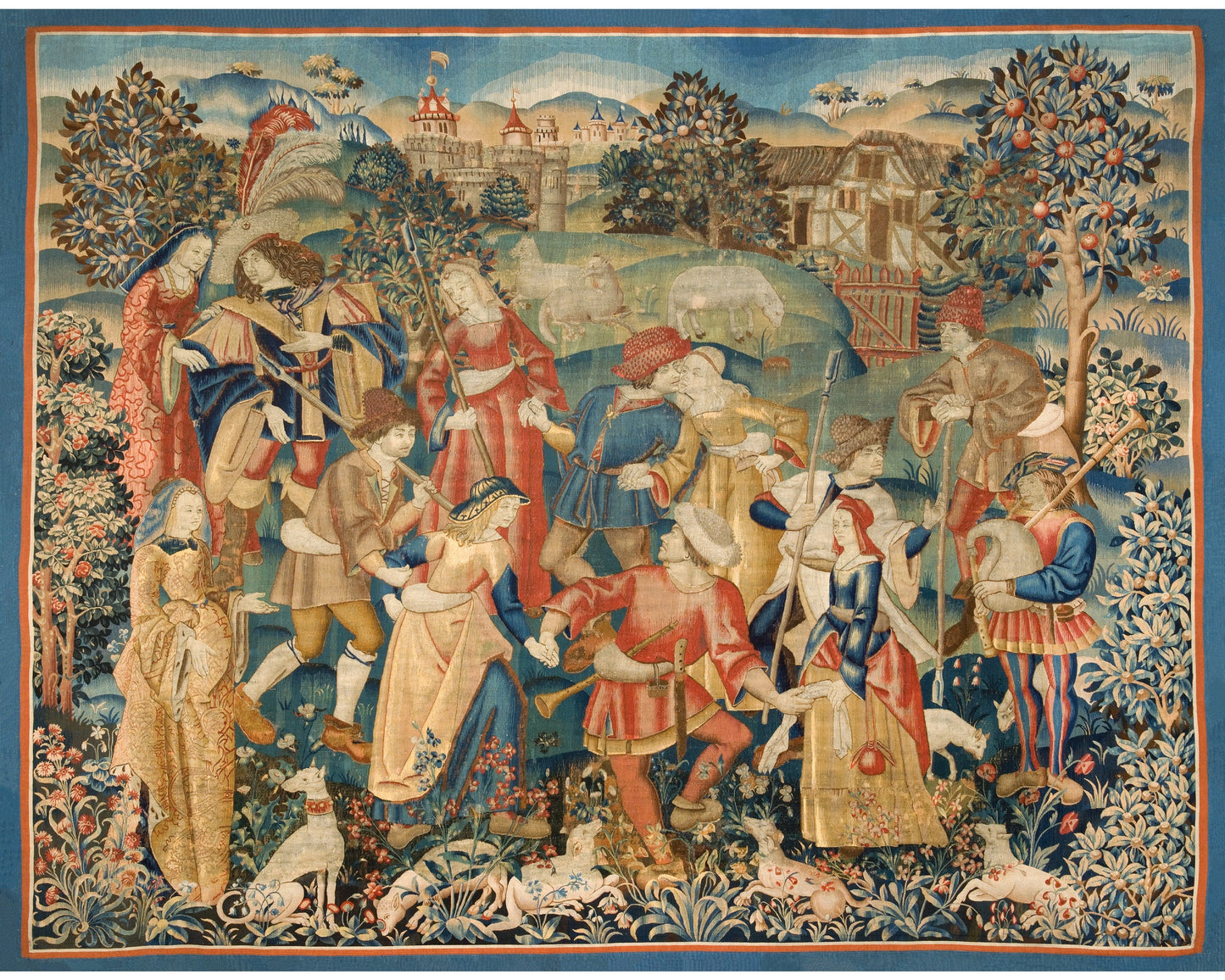 Pastoral dance art print | Shepherds in round dance | Medieval tapestry art | Pastoral scene with dog, sheep, castle | 16th century textile