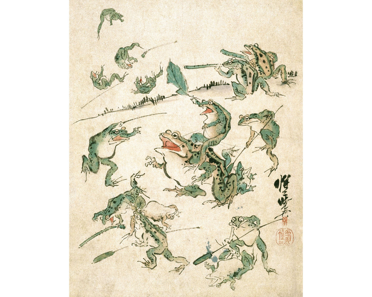 Vintage frog art | Battle of the frogs | Kawanabe Kyosai sketch | 19th century Asian art | Water, swamp animal | Modern vintage décor