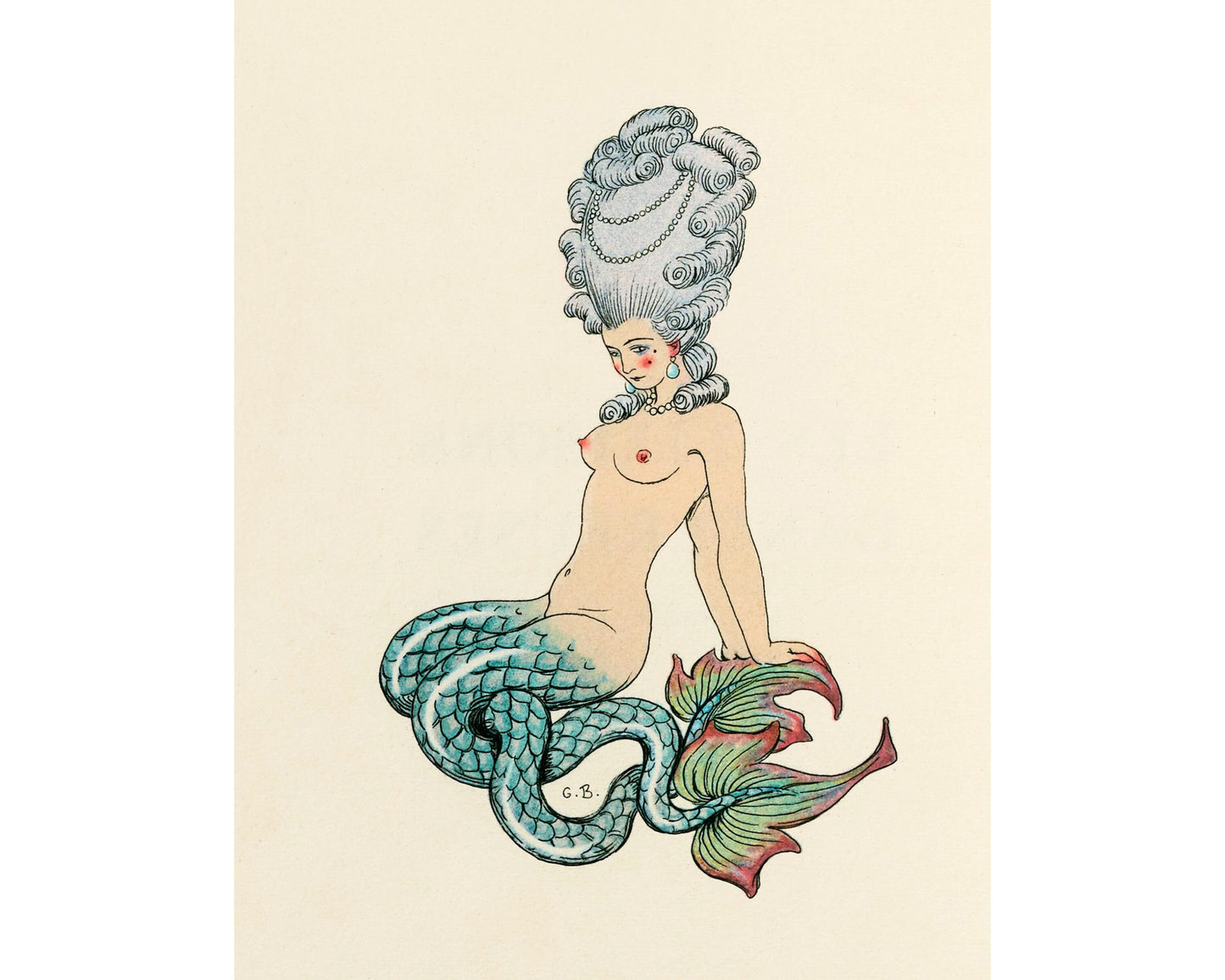 Vintage French mermaid art | Antique nude woman | Seductive Baroque siren | Ocean, water painting | Bathroom wall art | George Barbier