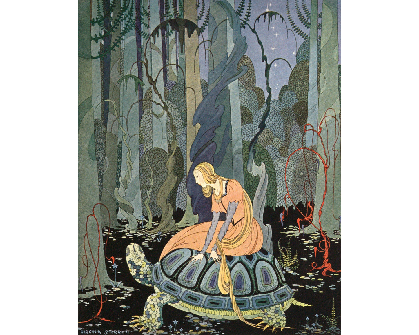 French Fairy Tale fine art print | Princess on a tortoise | Passing thru the forest | Art Deco wall art | Virginia Sterrett illustration