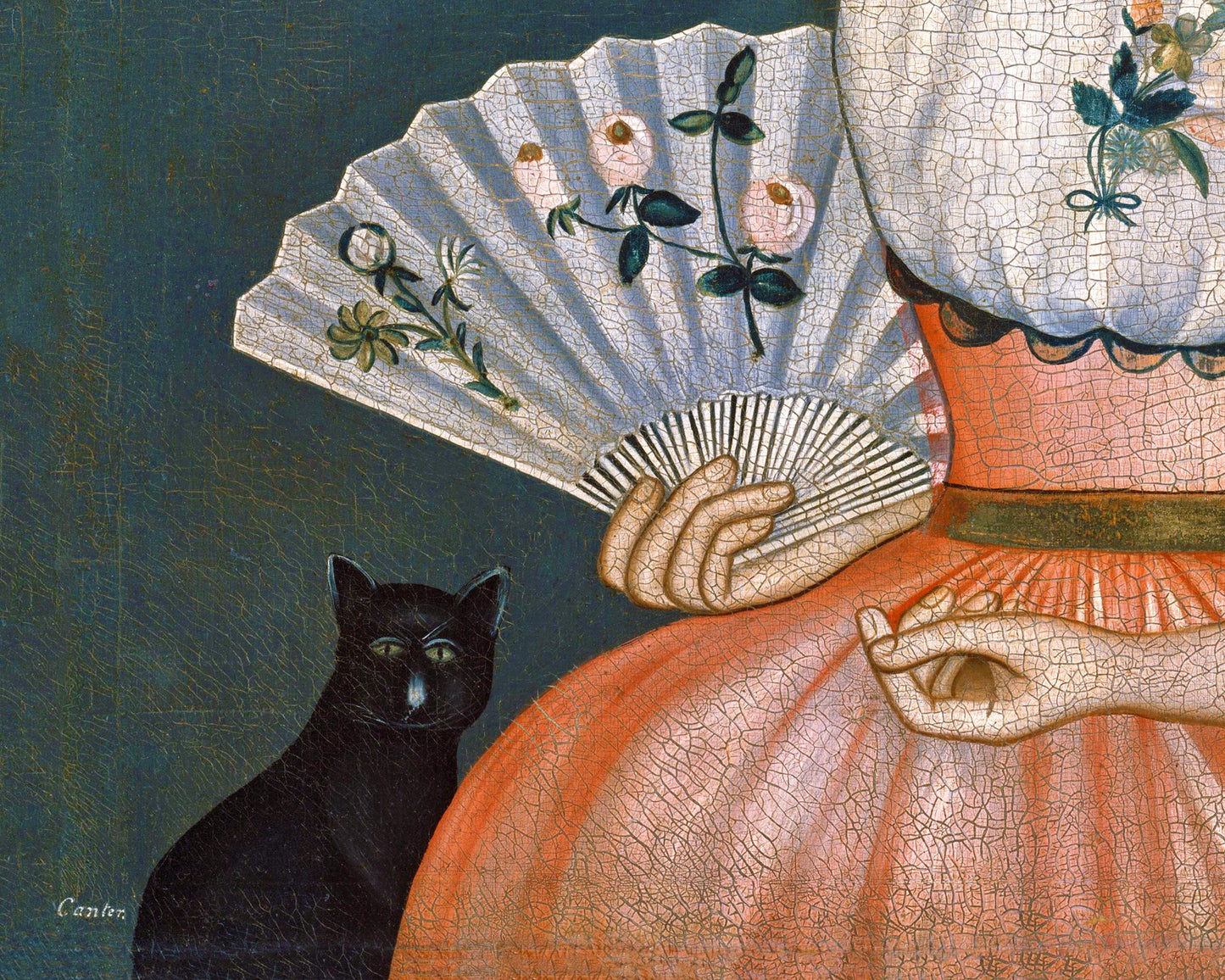 American folk art portrait | Woman with her pets | Birds, butterflies & cat art | Americana wall art | 18th century fashion | Rufus Hathaway