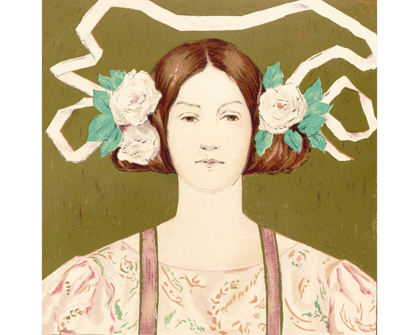 Art nouveau woman with flowers | Fine art print | Feminine art print | Vintage portrait wall art | Female artist | American painter