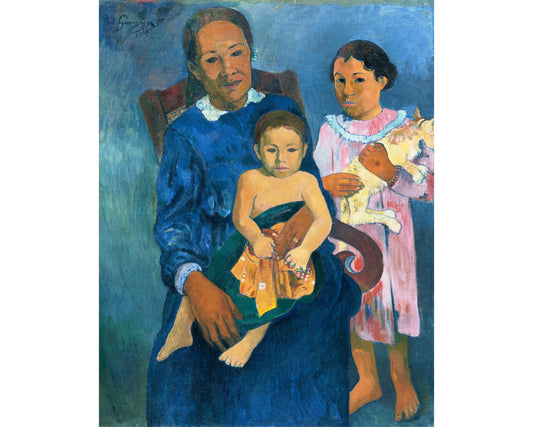 Vintage portrait of motherhood | Polynesian Woman with Children and cat | Paul Gauguin | Parent and child wall art | Person of color art
