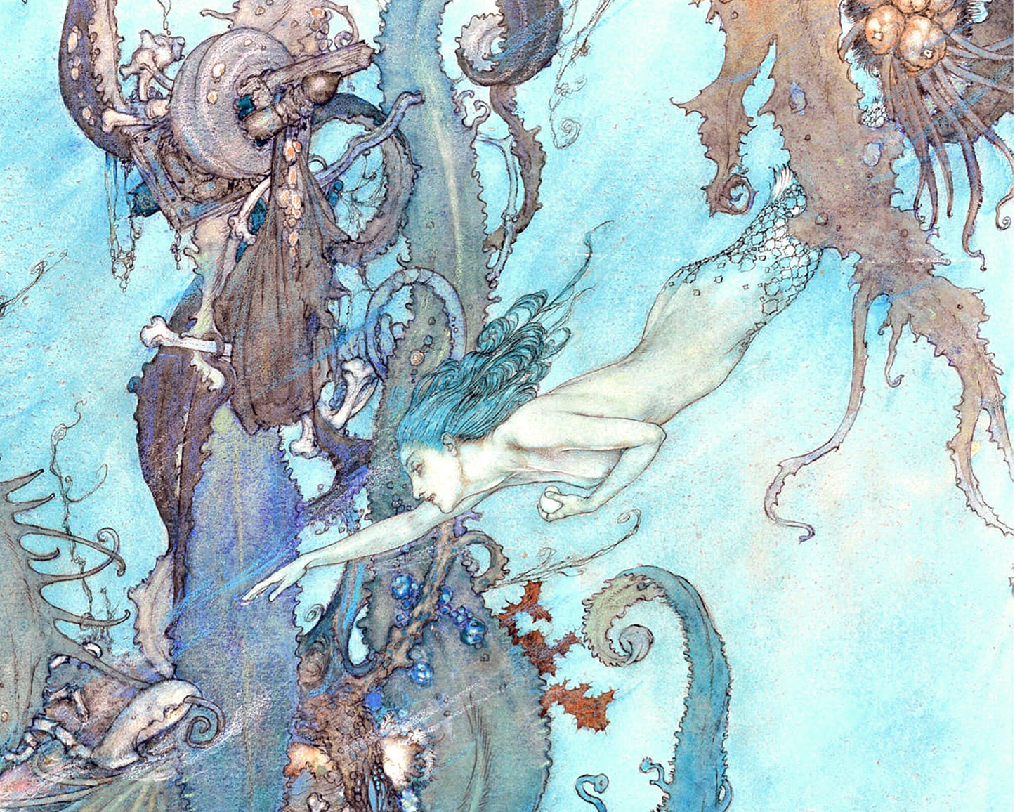 Vintage Mermaid art print | Little Mermaid | Dulac book illustration | Fantasy wall art | Cabin, lake, bathroom decor | Underwater in art