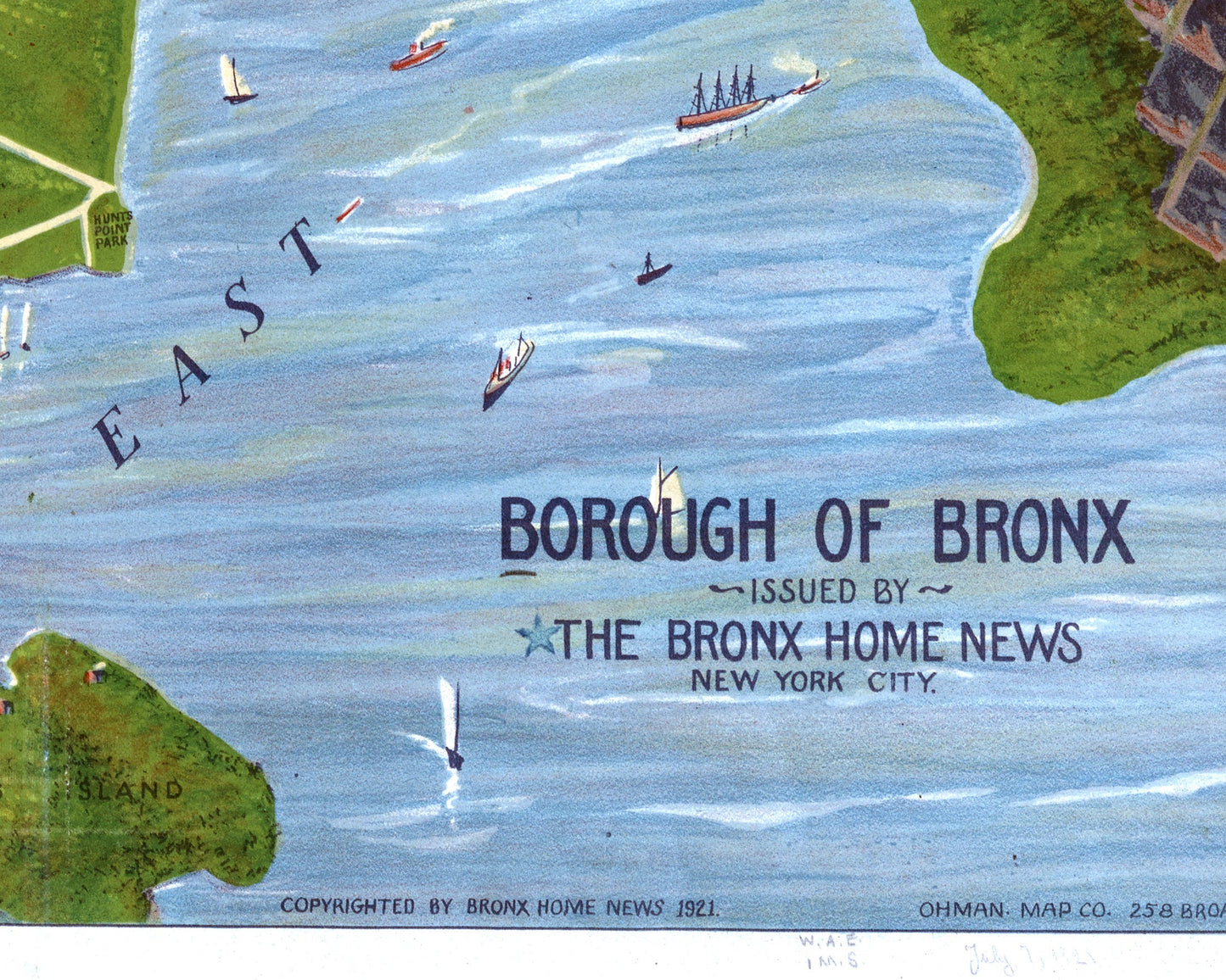 Antique New York map | Borough of Bronx | Bird's eye view | Boats in 1920's American harbor | Vintage cartography | Travelers wall art