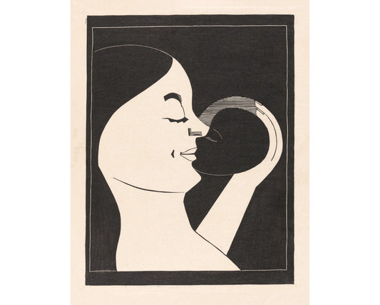 Mother and Child fine art print | Art nouveau woodcut | Woodblock wall art | Minimalist black and white decor | Samuel Jessurun de Mesquita