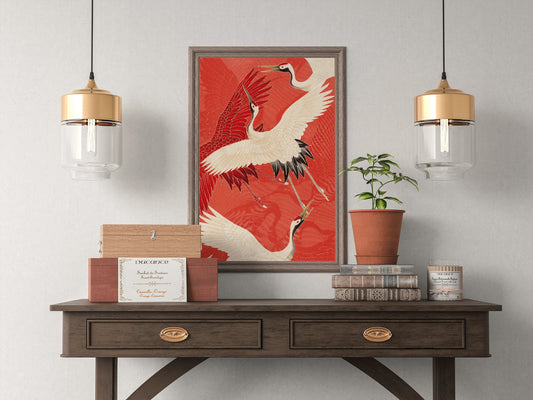 Vintage Japanese poster with Crane Bird illustration art print, Home Decor