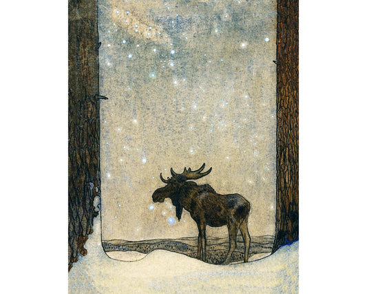 Moose under starry sky | The Elk | Christmas woodland | Fairy tale illustration | Northern lights in art | Fantasy wall art | John Bauer art