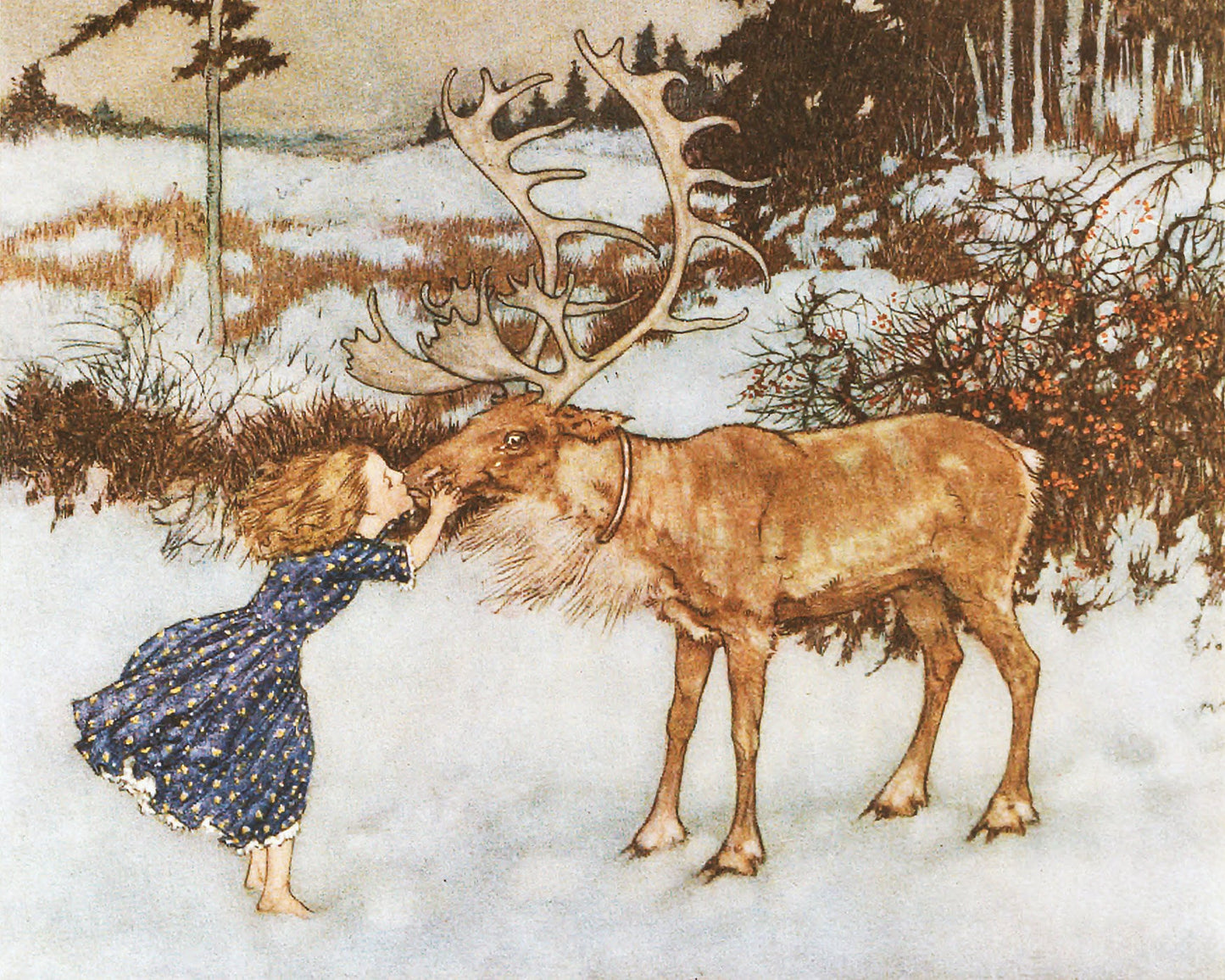 Sweet girl kissing a reindeer | Gerda and the Reindeer | Christmas woodland | Edmund Dulac book illustration | Fantasy wall art