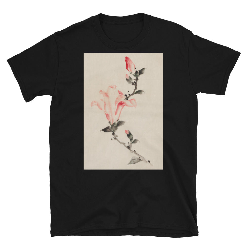 large pink blossom on a stem with three additional buds by T-shirt