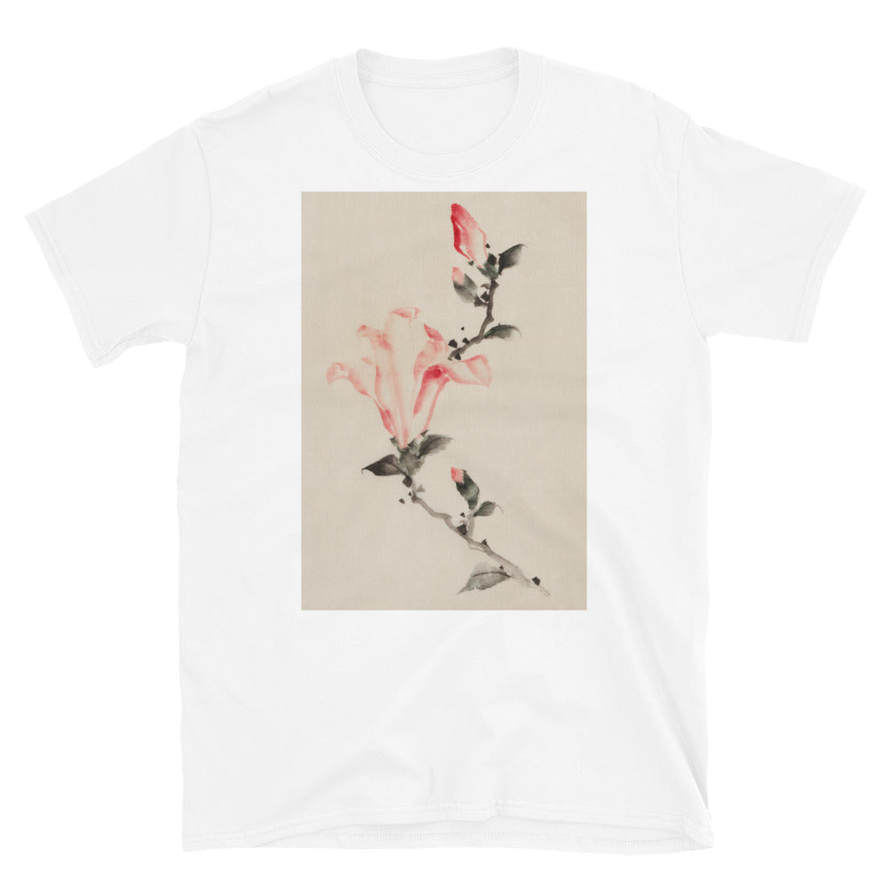 large pink blossom on a stem with three additional buds by T-shirt