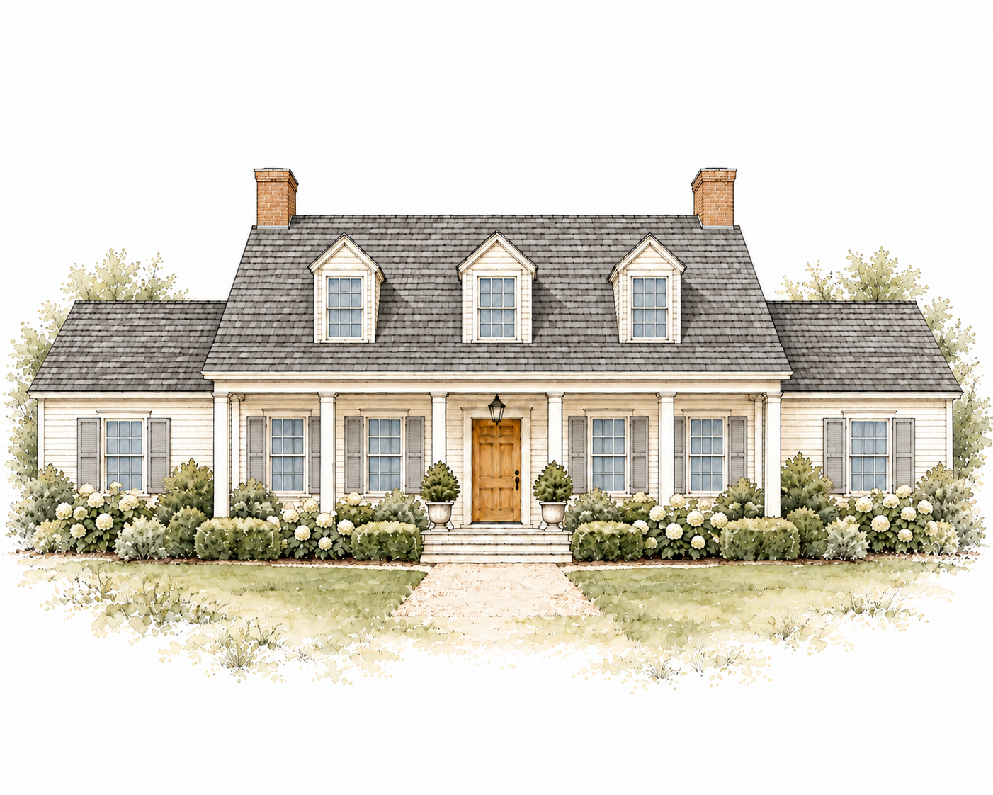 A house illustrated in delicate ink and watercolor